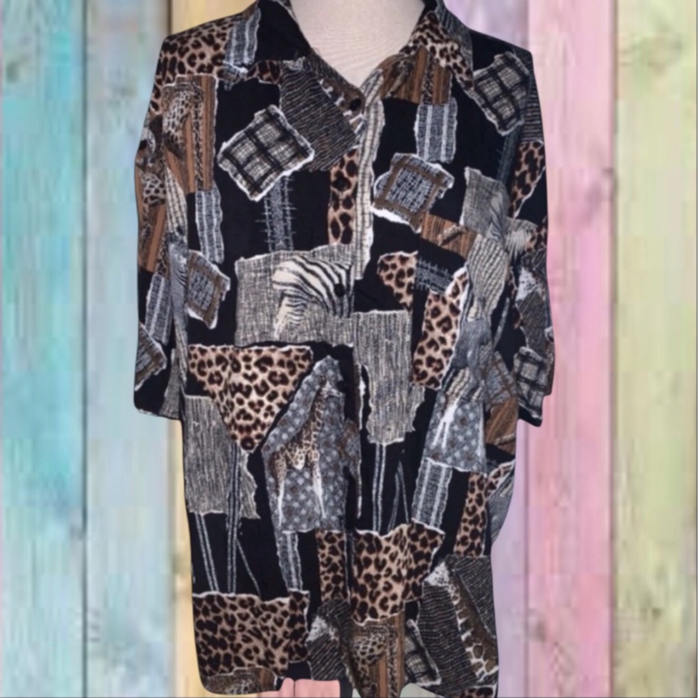 Michelle Leslie Black Brown Animal Tiger Zebra Print Button Down Top